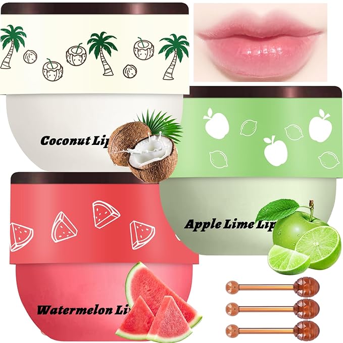 3 Pcs Bee Lip Balm Honey Pot, Coconut Watermelon Apple Lime Lip Mask Overnight, Moisturizing Lip Sleeping Mask, Hydrate Repair Prevent Dry Cracked Lip Exfoliator (Coconut +Watermelon+Apple Lime)-Velvo Beauty