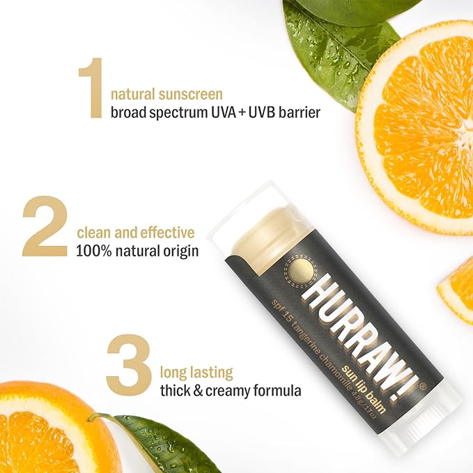 Hurraw! Sun Lip Balm (Zinc Oxide Protection, Broad Spectrum SPF 15, Tangerine, Chamomile), 3 Pack: Organic, Certified Vegan, Gluten Free. Non-GMO, All-Natural. Bee, Shea, Soy & Palm Free. Made in USA-Velvo Beauty