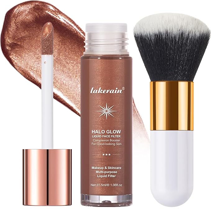Natural Glow Liquid Filter Makeup, Longwear Face Luminizer, Complexion Booster For Any Part of the Body, Liquid Highlighter with Brush Kit, Infused Hyaluronic Acid, 1.06 fl oz (#07 DEEP/RICH)-Velvo Beauty