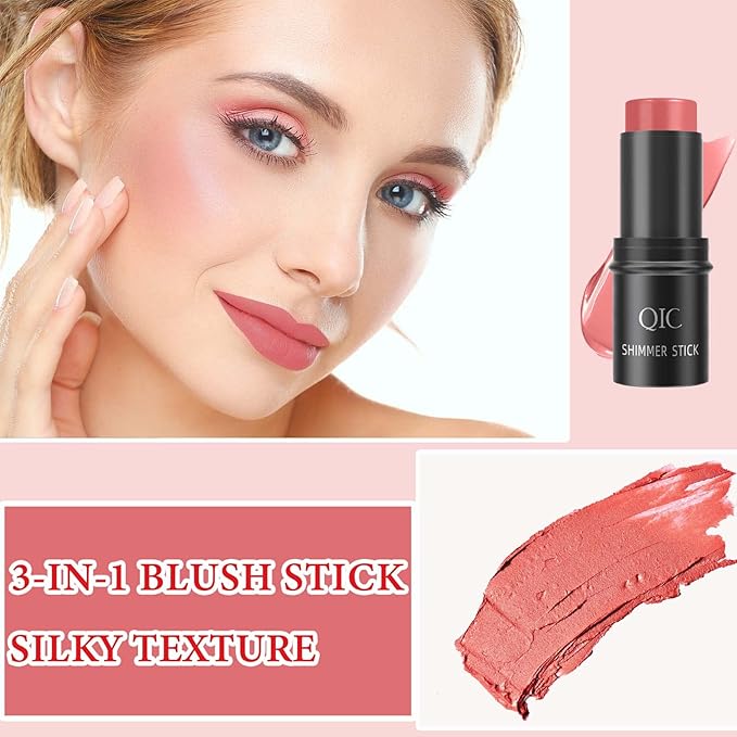 Cream Contour Blush Stick,Long Lasting Waterproof Blush Stick for Cheeks&Lips Multipurpose Face Highlighting Concealing Cream,Shimmer Contour Stick Makeup for Women（Pink）-Velvo Beauty