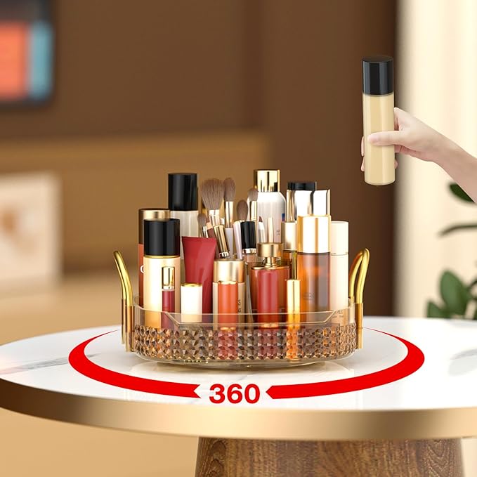 Awenia Rotating Makeup Organizer 360, Stackable Adjustable Large Capacity Cosmetic Storage Unit,Dresser Bathroom Kitchen Countertop Organizer with Metal Handle, Plus Size (Honorable Gold, 1 Tier)-Velvo Beauty