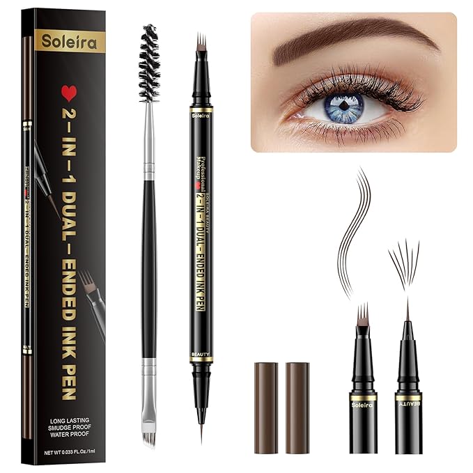 Eyebrow Pen, Soleira Waterproof Eyebrow Pencil with 4 Tip Microblading Eyebrow Pen and Dual-ended Eyebrow Brush, for Natural-Looking Brows, Long-Lasting, COFE Dark Brown-Velvo Beauty