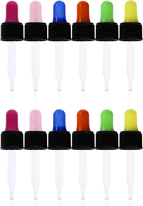 Year of Plenty Glass Eye Droppers for 10ml & 15ml Essential Oil Bottles | Set of 12 | Multicolored | Compatible with doTERRA, Young Living, Plant Therapy, Plnt Guru, Rocky Mtn, Edens Grdn-Velvo Beauty
