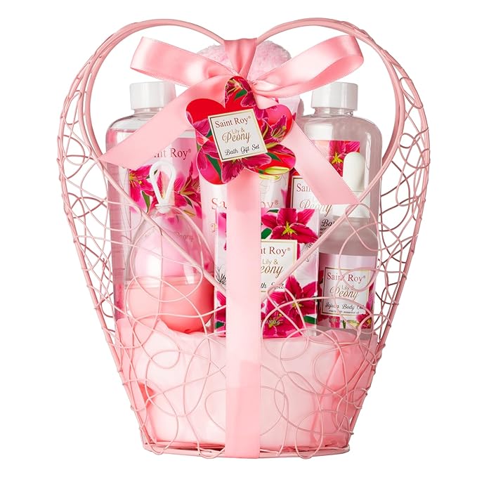 Gift Basket For Women, Mother's Day Gift for Mom Spa Set Lily & Peony Home Spa Set, Beauty Personal Care Set Jojoba Oil, Spa Self Care Kit, Bath Body For Thank You, Birthday, Mom, Anniversary Gift-Velvo Beauty