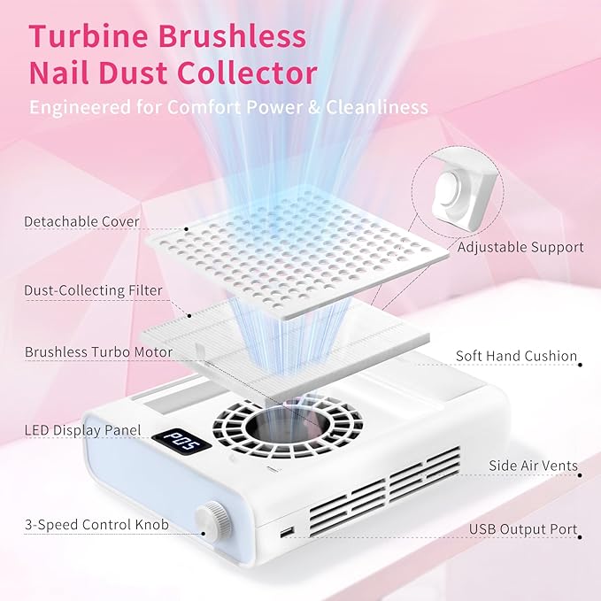 Missshine Dust Collector with Armrest – Professional 5-Speed Low Noise Vacuum Fan for Nail Techs – Powerful Suction with 10 Filter Papers for Salon & Home Use-Velvo Beauty