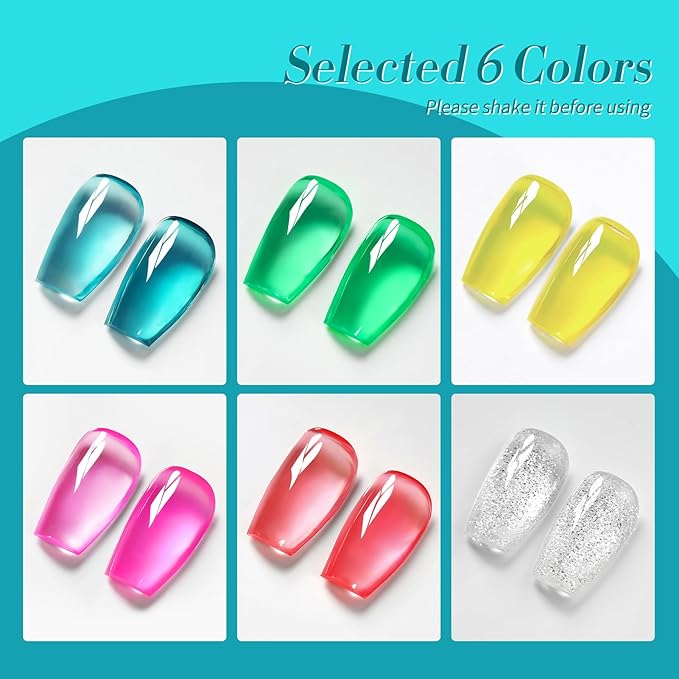 Born Pretty Jelly Gel Nail Polish Set Spring Summer Crystal Glass Translucent Pastel Sheer Gel Polish Pink Green Blue Red Yellow Silver Shiny Glitter Gel Nail Polish Nail Art Gel DIY Gift 6PCS-Velvo Beauty