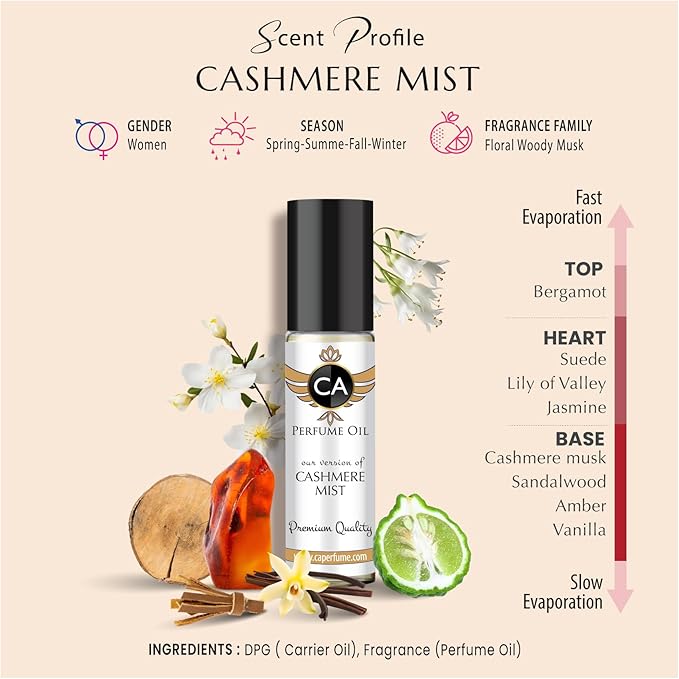 CA Perfume Impression of Cashmere Mist For Women Replica Fragrance Body Oil Dupes Alcohol-Free Roll-On 0.3 Fl Oz/10ml-Velvo Beauty