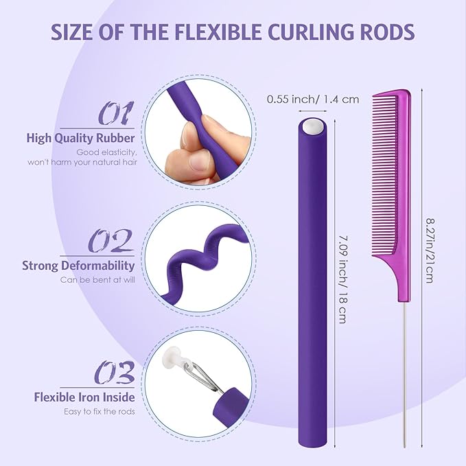 Syhood 30 Pcs 7'' Flexible Curling Rods Twist Foam Hair Rollers Soft Foam No Heat Hair Rods Rollers and 1 Steel Pintail Comb Rat Tail Comb for Women Long Short Hair(Purple,7 x 0.55 Inch)-Velvo Beauty