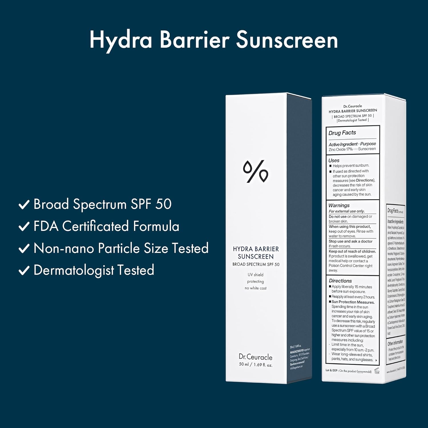 Dr.Ceuracle Hydra Barrier Mineral Sunscreen Broad Spectrum SPF 50 - Korean Sunscreen with Zinc Oxide and Hyaluronic Acid, Dewy Glow (50 ml / 1.69 fl. oz.)-Velvo Beauty