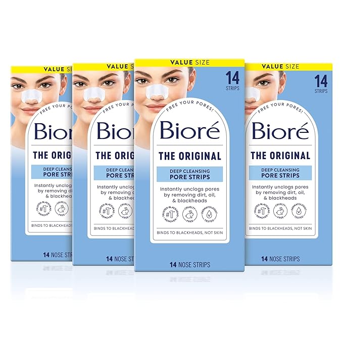 Bioré Original Blackhead Remover Strips, Deep Cleansing Nose Strips With Instant Pore Unclogging, Features C-Bond Technology, Oil-Free, Non-Comedogenic Use, 14 Count, Pack of 4-Velvo Beauty