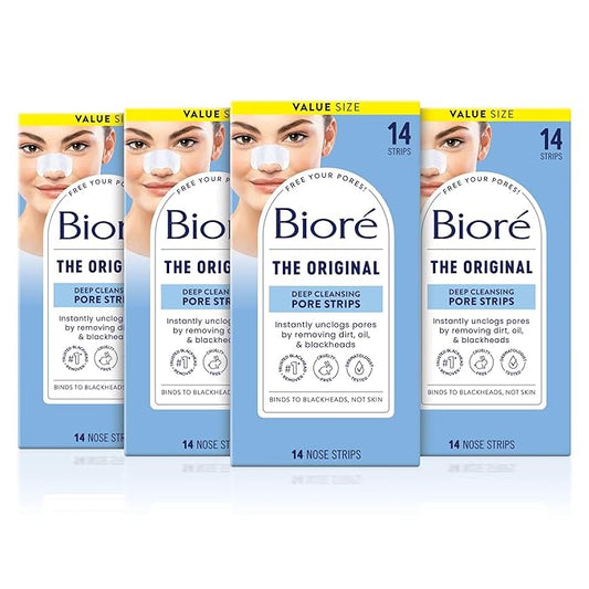Bioré Original Blackhead Remover Strips, Deep Cleansing Nose Strips With Instant Pore Unclogging, Features C-Bond Technology, Oil-Free, Non-Comedogenic Use, 14 Count, Pack of 4-Velvo Beauty