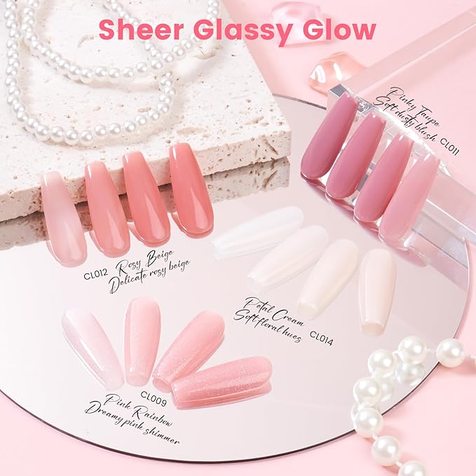 Jelly Gel Nail Polish Kit with U V Light, Hema-Free Milky Nude Sheer White Pink Gliter Gel Polish Set with Base & Top Coat Chrome Nail Powder, 4 Colors Mini Salon Nail Art Starter Gift for Women Girl-Velvo Beauty