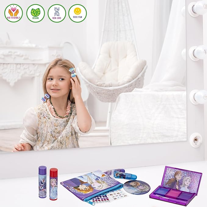 Disney Frozen - Townley Girl Super Sparkly Cosmetic Beauty Makeup Set For Girls with Clips, Lip Gloss, Nail Stickers, Lip Balm, Nail Gems and Mirror For Parties, Sleepovers & Makeovers-Velvo Beauty