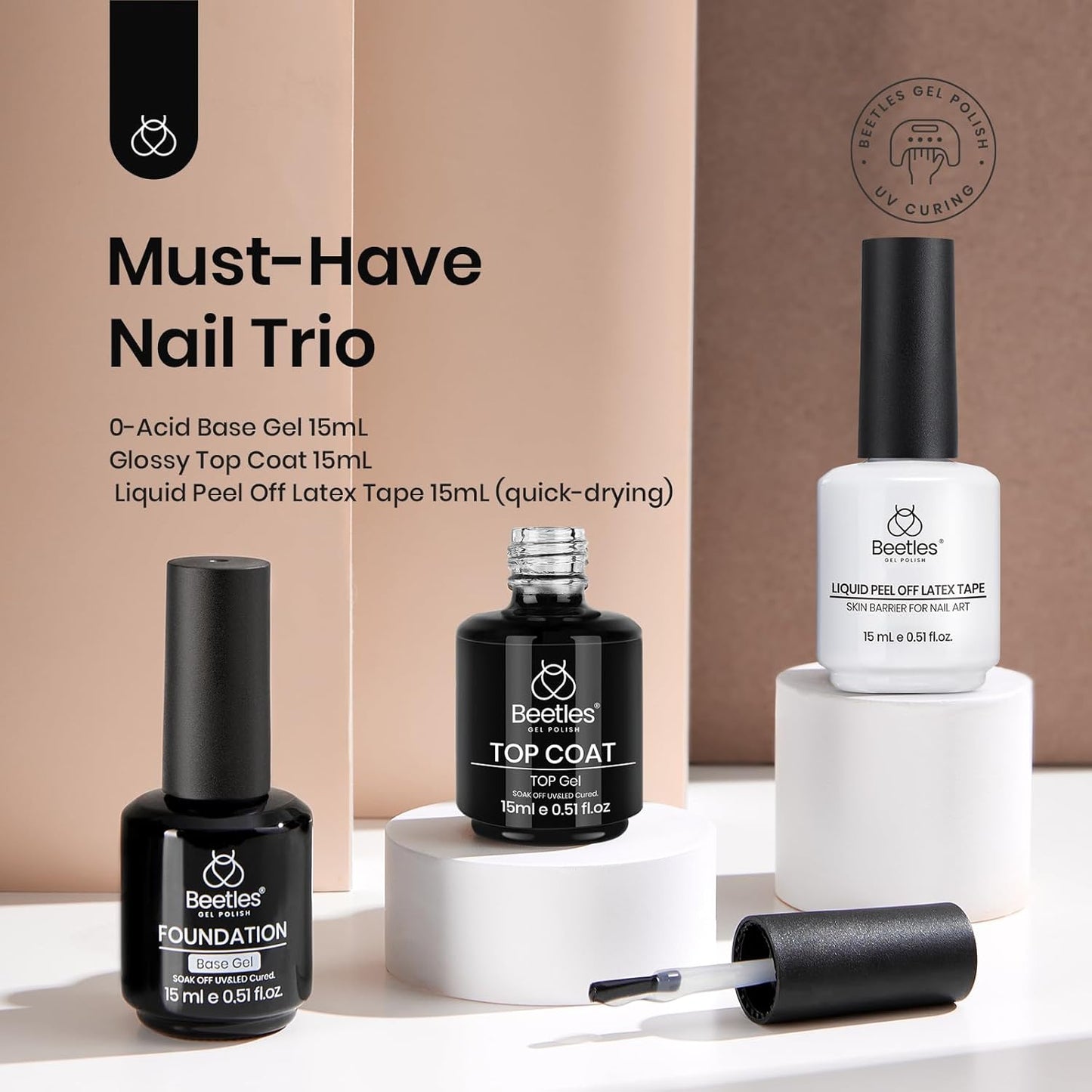 Beetles 3Pcs 15ml Gel Polish Top Coat Base Coat and Liquid Peel Off Latex Set No Wipe Base Top Coat Soak Off Uv LED Nail Lamp Finish Nails Cuticle Guard Nail Art Design Manicure Kit Nail Shine Gifts-Velvo Beauty