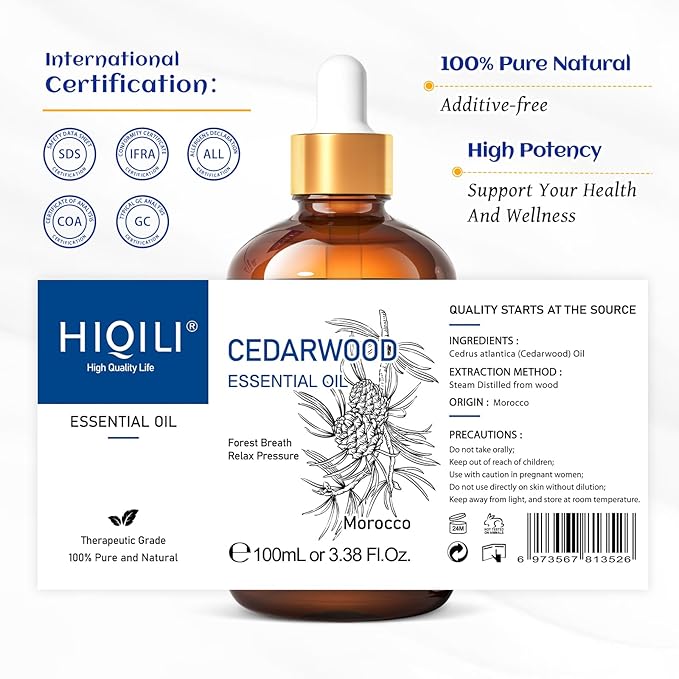HIQILI Cedarwood Essential Oil (3.38 Fl Oz), 100% Natural Therapeutic Grade, Premium Glass Dropper, for Hair & Skin Care, Soap Making, Add to Diffusers, Sprays-Velvo Beauty