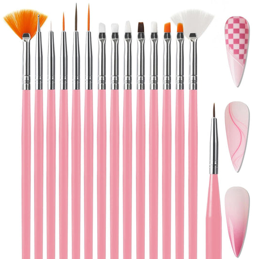Artdone 15pcs Pink Nail Art Brushes, Nail Art Tool Set, Dotting Tools, Dust Brush,Striping Brushes for Long Lines, Drawing Pen For Gel Polish Design supply-Velvo Beauty