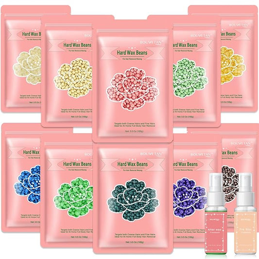 Wax Beads for Hair Removal, 2.2lb/1000g Hard Waxing Beans for Full Body, Brazilian, Bikini, Face, Eyebrows, Home Wax Refill for Women & Men, Pack of 10 with Pre & Post Oil-Velvo Beauty
