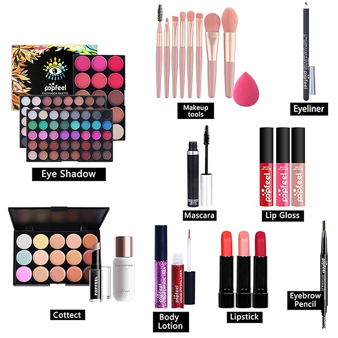 All-in-One Makeup Gift Set Travel Makeup Kit Complete Starter Makeup Bundle Lipgloss Lipstick Concealer Blushes Powder Eyeshadow Palette Cosmetic Palette for Teen Girls & Adults #18-Velvo Beauty