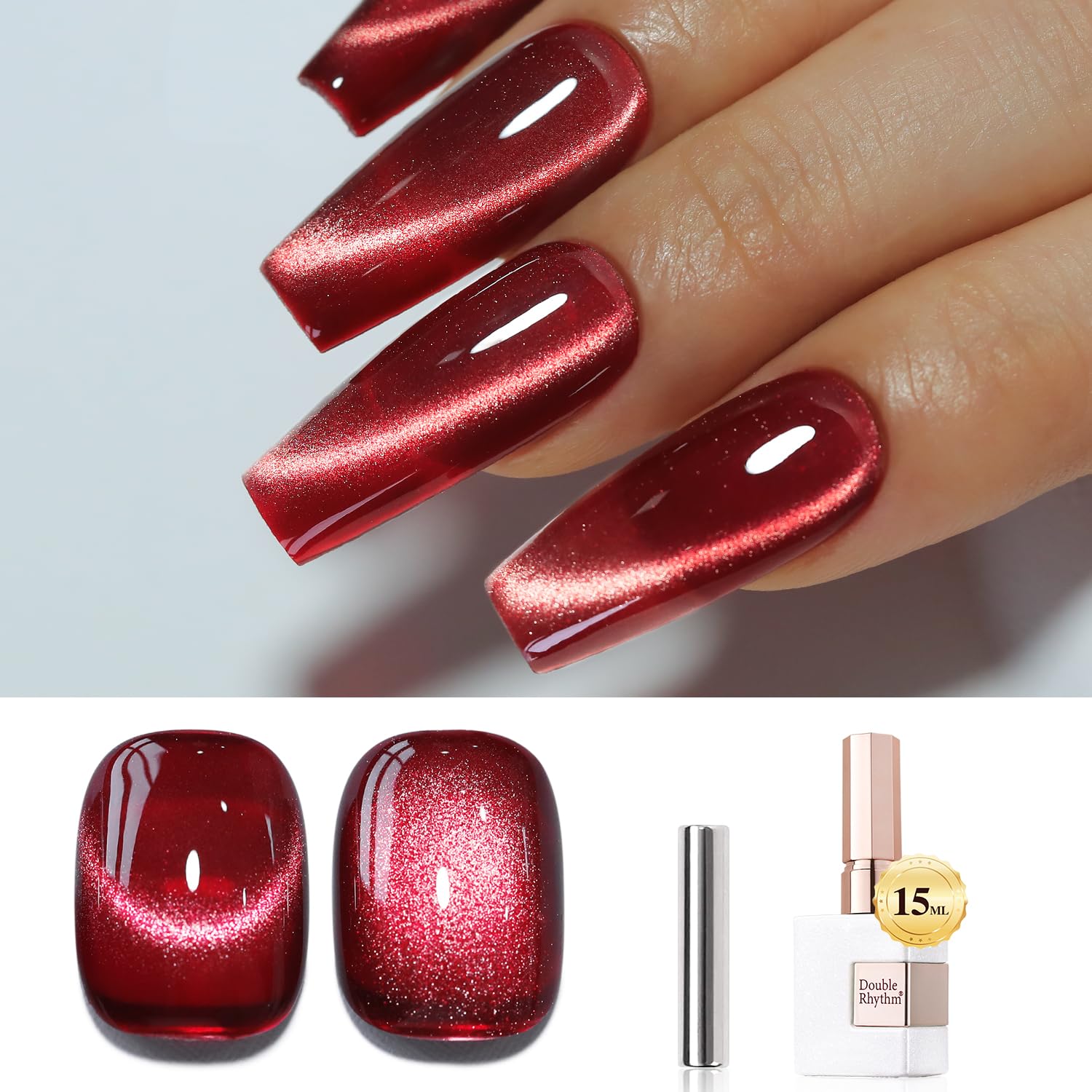 Double Rhythm Jelly Glass Cat Eye Gel Polish with Magnet 15ML Holographic Glitter Shimmer Translucent Sheer Color Magnetic Nail Polish Salon DIY at Home (Dark Red-MC1054)-Velvo Beauty