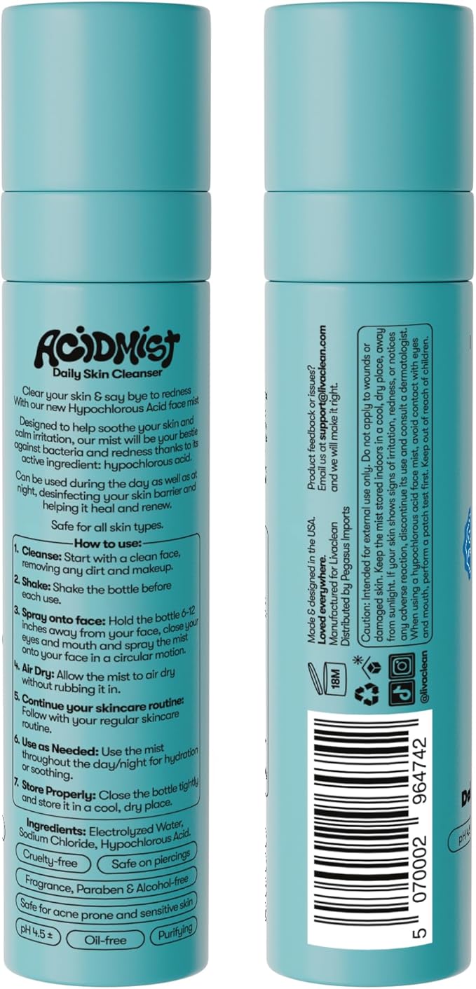 Hypochlorous Acid Spray for Face & Body - Helps Reduce Redness and Breakouts - Travel Size Hypochlorous Spray, Multi-Purpose Topical Facial Skin Repair, pH-Balancing Toner - TSA, Livaclean-Velvo Beauty