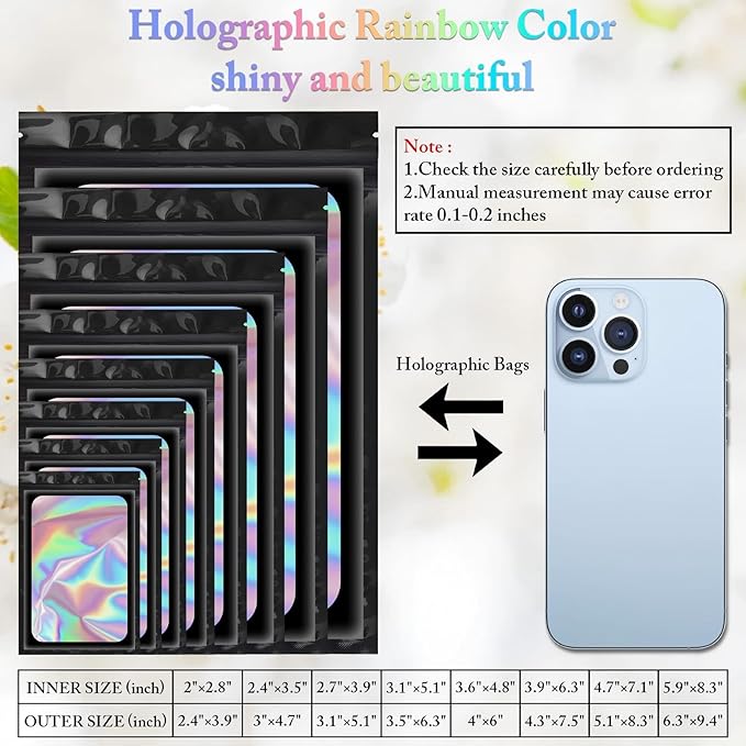 100 Pieces Smell Proof Mylar Bags, Holographic Packaging Bags, Resealable Odor Foil Pouch Zipper Bag with Clear Window for Food Storage and Lipgloss, Jewelry Lash (Black, 4 x 6 Inch)-Velvo Beauty