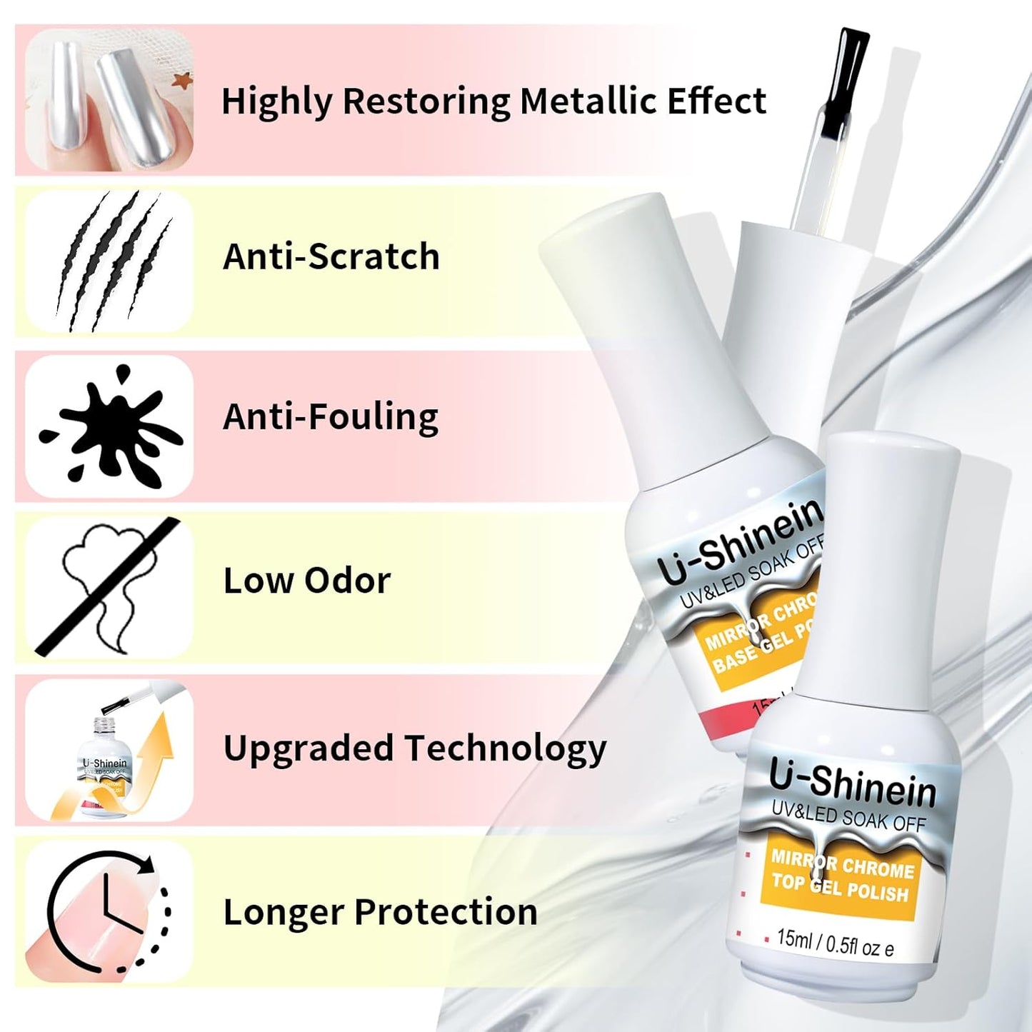 15ml Top Coat and Base Coat Set for Metallic Mirror Painting Gel, No Wipe Clear Top and Base Coat for Nail Polish, Chrome Nail Powder-Velvo Beauty