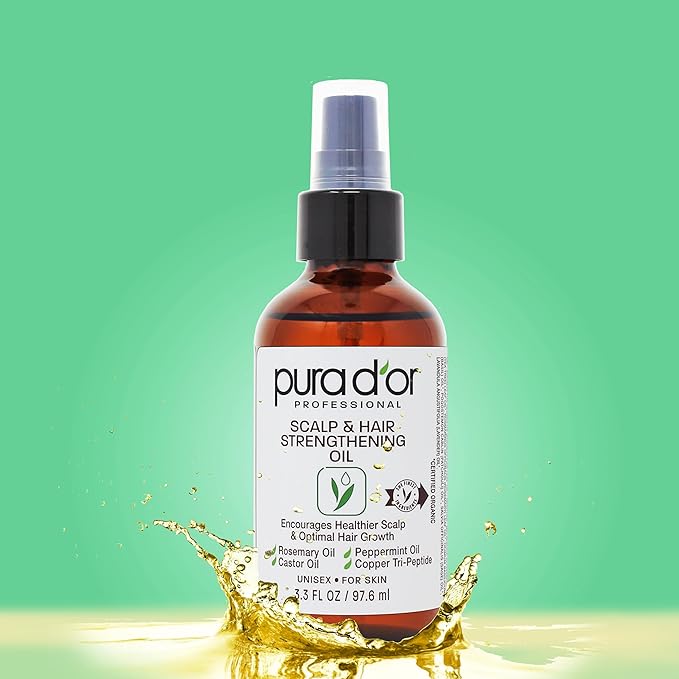 PURA D'OR 3.3 Oz Scalp & Hair Strengthening Oil - Supports Optimal Growth, Reduce Breakage, Nourish Roots for Healthier, Fuller, Thicker Hair - Rosemary, Castor & Peppermint Oil for Stronger Strands-Velvo Beauty
