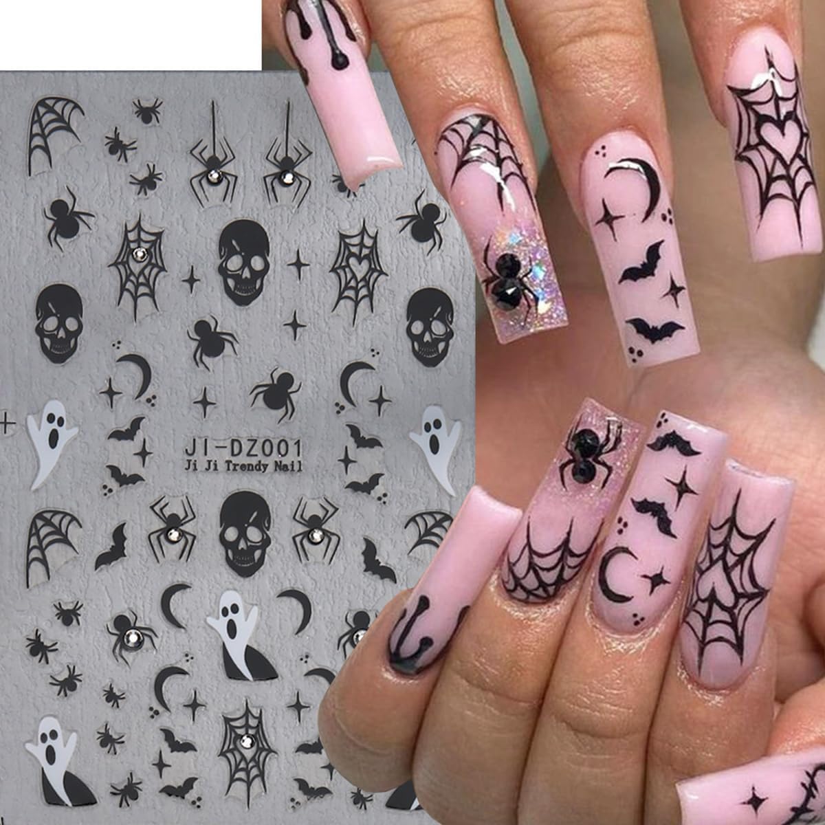6Sheets Halloween Nail Stickers for Nail Art,3D Self-Adhesive Cute Ghost Spider Web Nail Decals with Rhinestones Design,Pink Pumpkin Spiders Skull Nail Art Stickers for Women Girls DIY Nail Decoration-Velvo Beauty