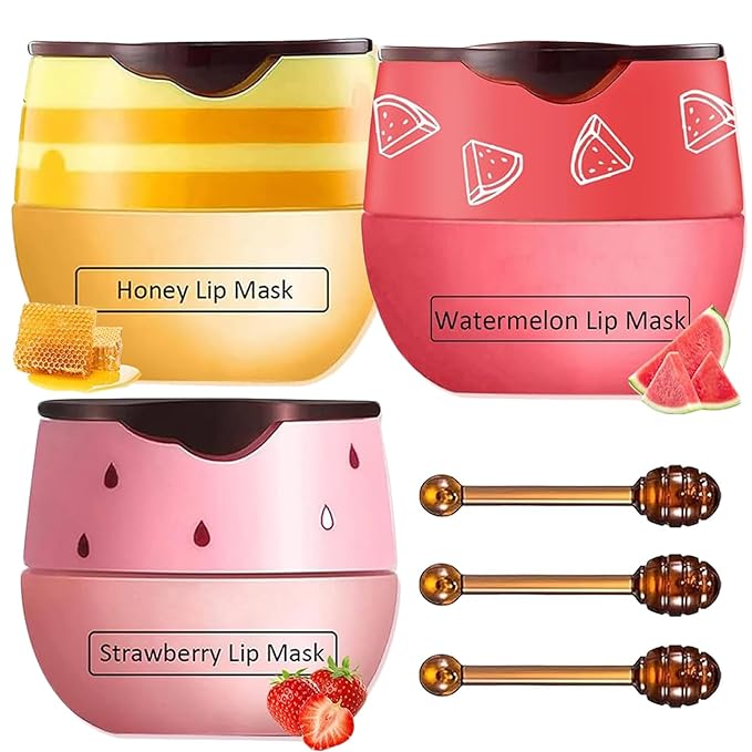 3 PCS Bee Lip Balm Honey Pot, Honey&Strawberry&Watermelon Lip Sleeping Mask Hydrating Prevention Dry and Cracked Lip Scrubs Exfoliator Lip Care, Overnight Lip Mask Reduces Lip Lines-Velvo Beauty