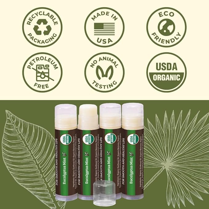 USDA Organic Lip Balm 4-Pack by Earth's Daughter - Eucalyptus Mint Flavor, Beeswax, Coconut Oil, Vitamin E - Best Lip Repair Chapstick for Dry Cracked Lips.-Velvo Beauty