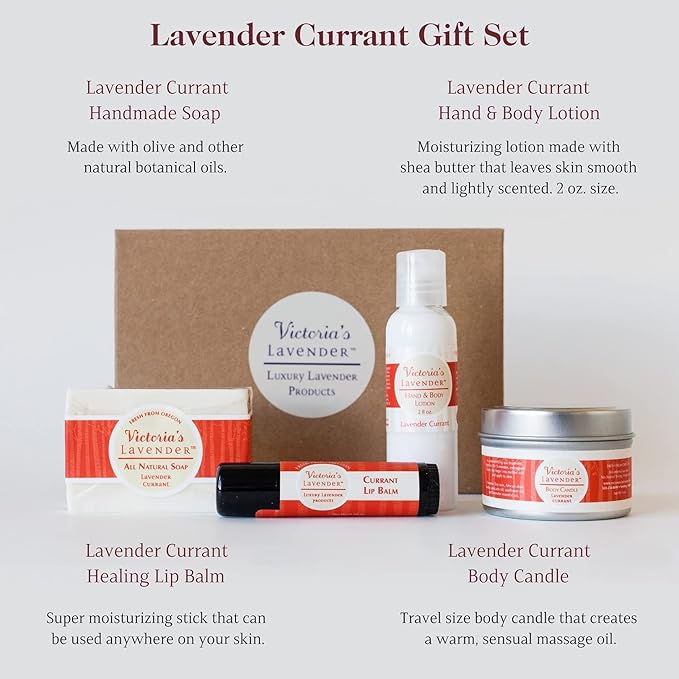 Victoria's Lavender Natural Body Products Gift Set - Handmade Soap, Hand & Body Lotion, Lip Balm, Body Candle Skin Care Sets & Kits, Lavender Bath and Body Products for Women, Lavender Currant-Velvo Beauty
