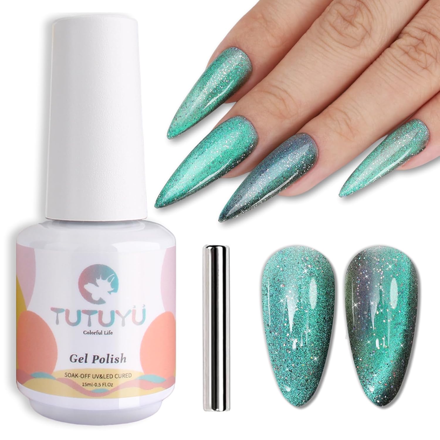 Aurora Green Cat Eye Gel Nail Polish,Iridescent Quicksand Galaxy Holographic Cateye Green Gel Polish with Magnet, Shimmer Velvet Soak Off Uv Led Home Diy Manicure GP0103-Velvo Beauty