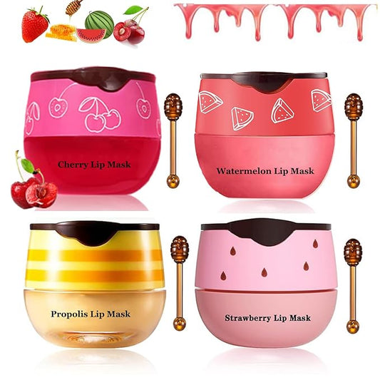 4Pcs Honey Lip Balm Honey Pot Strawberry & Propolis Balm Honey Lip Mask Hydrate Moisturizing Repair Prevent Lip Care Moisturizing Lip Balm Set-Velvo Beauty