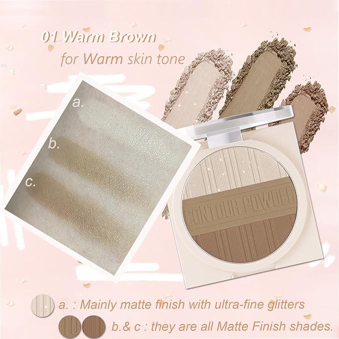 Contour Powder Makeup Palette Matte Shimmer Face Sculpting Shading Silky Smooth Tone Tuning Flawless Pressed Powder Bronzer for Warm Skin Tone, 01 Warm Brown-Velvo Beauty