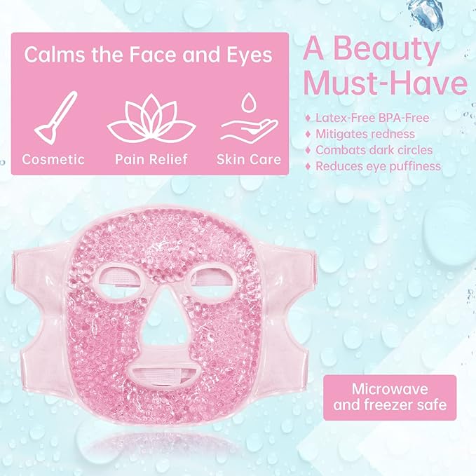Ice Face Mask Reusable and Cold Gel Eye Mask for Puffiness/Dark Circles/Eye Bags/Dry Eyes/Headaches/Migraines/Stress Relief,Ice Pack for Eyes & Face (Pink)-Velvo Beauty