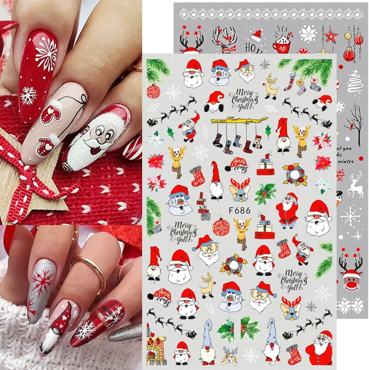 10 Sheets Christmas Nail Art Stickers 3D Xmas Nail Decals Winter Snowflake Santa Claus Snowman Buffalo Plaid Reindeer Nail Stickers for Christmas Nail Designs Decorations Manicure Tips Charms-Velvo Beauty