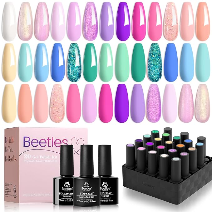 Beetles Purple Gel Nail Polish Set - 20 Colors Hot Pink Purple Shimmer Green Unicorn Bright Glitter Manicure Macaron Collection Pastel Gel Polish Kit with Base Matte Glossy Top Coat-Velvo Beauty