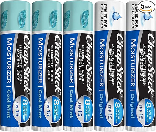 ChapStick Lip Balm Moisturizer 2-in-1 Lipcare SPF 15 Bundle – Cool Mint 3-Pack + Original 2-Pack, 0.15 Oz Ea (5 Piece Set)-Velvo Beauty
