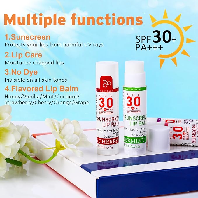 SPF 30 Lip Balm with Sunscreen 8 Pack, Bulk Sunscreen Lip Balm Travel Size, Hydrating Lip Balm with Vitamin E and Coconut Oil- 8 Flavors-Velvo Beauty