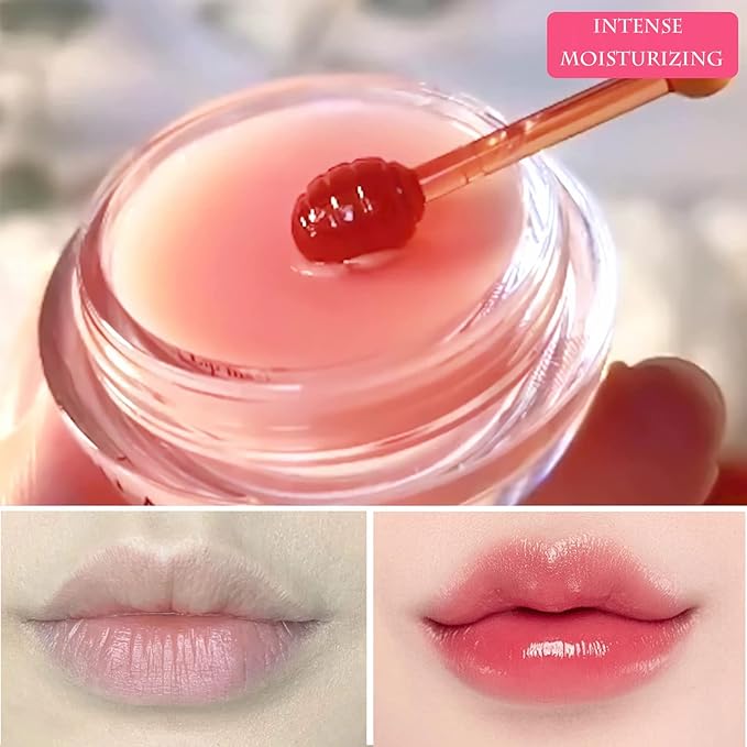 Bee Lip Balm Honey Pot, Strawberry & Honey Moisturizing Propolis Lip Mask, Hydrating & Prevention Dry and Cracked Lip Scrubs Exfoliator, Reduces Lip Lines (2PCS Pink)-Velvo Beauty