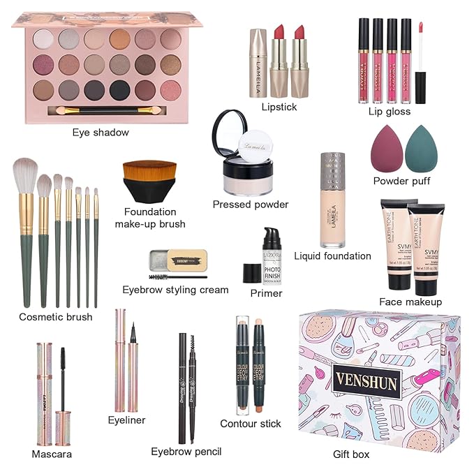 All in One Makeup Kit for Women Full Set Girl Makeup Gift Set Makeup Essentials Set Includes Foundation 18 Color Eyeshadow Palette Lipstick Eyebrow Pencil Makeup Gift Set-Velvo Beauty