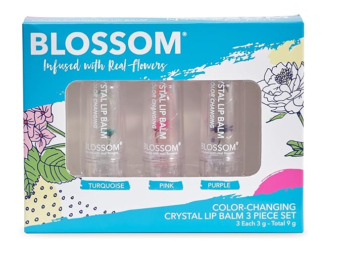 Blossom Moisturizing Custom Color Changing Crystal Lip Balm, Strawberry Scented Lip Stain Tint, Infused with Real Flowers, 3 pk, Turquoise/Pink/Purple-Velvo Beauty