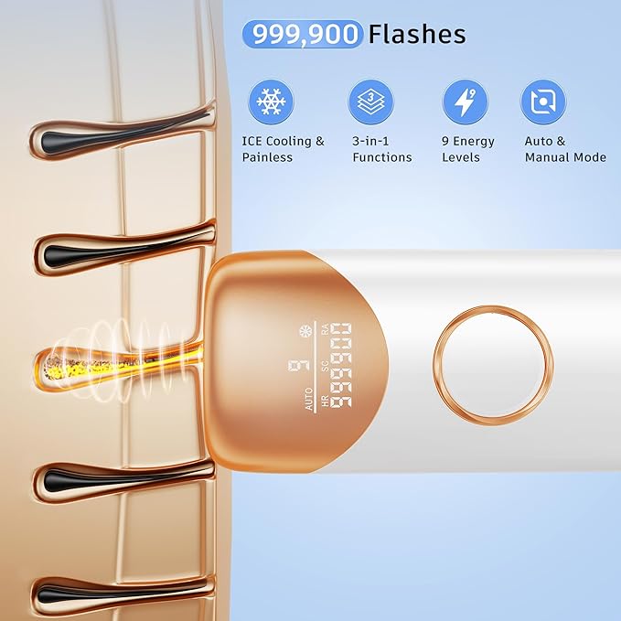 Painless IPL Laser Hair Removal Device with 5℃ Ice Cooling, 3-in-1 Permanent Hair Remover for Women & Men, At-Home Electrolysis Epilator for Face & Body Depilation (Gold)