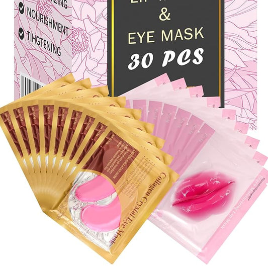 30 Pads Lip Masks & Eye Masks,Under Eye Mask Skincare,Crystal Collagen Lip Mask Sheet,Under Eye Patches for Puffy Eyes and Dark Circles,Moisturizing,Anti-Aging,Reducing Fine Lines,Pink-Velvo Beauty