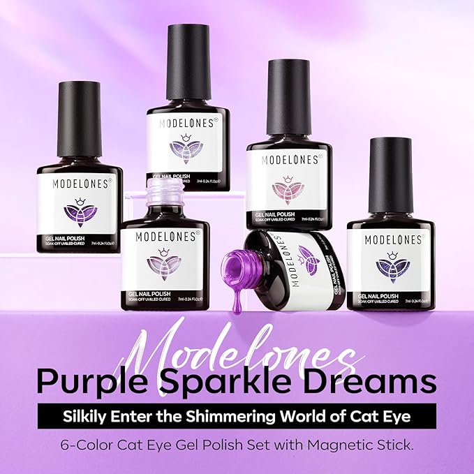 modelones Cat Eye Gel Nail Polish, 6 Colors Purple Pink Glitter Gel Polish Set with Magnet Sparkle Galaxy Series Nail Polish Kit Soak Off Led Nail Art Manicure Salon DIY Gifts-Velvo Beauty