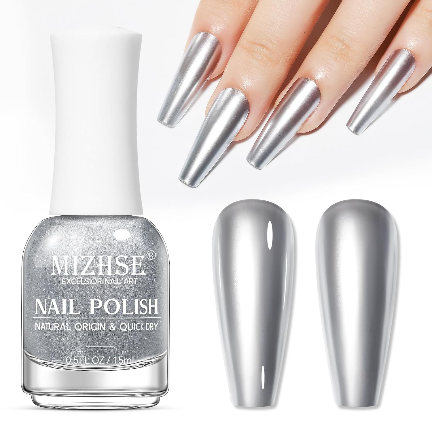 MIZHSE Silver Mirror Nail Polish, Quick Dry Metallic Nail Polish, Air Dry Fast Chrome Nail Lacquer Bright Color Oil-based Nail Art Manicure Home DIY-Velvo Beauty