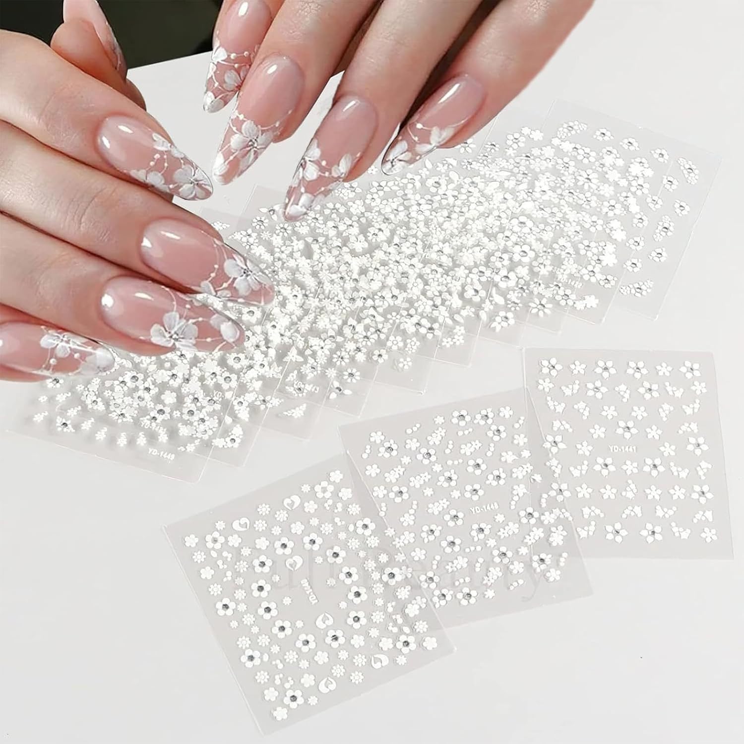 30 Sheets White Flower Nail Art Stickers, 3D Self Adhesive White Flower Nail Sticker Design Holographic Small Floral with Rhinestones Nail Art Decals Nail Supplies for Women Girls Manicure Decoration-Velvo Beauty