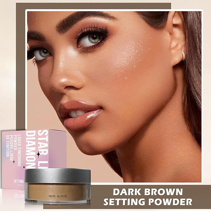 Loose Face Powder Setting Powder, Shimmer Glitter Loose Powder, Matte Finishing Powder Shine, Waterproof, Oil Control, Lightweight Face Powder Makeup for All Skin Tones (Dark Brown Shimmer)-Velvo Beauty