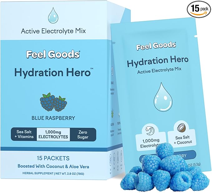 Feel Goods Hydration Hero, 1,000mg Electrolytes Powder, Sugar Free, Magnesium, Organic Aloe Vera, L Theanine, Vitamin C & B12, Keto, Vegan, Electrolyte Packets, Blue Raspberry, 15 Count-Velvo Beauty
