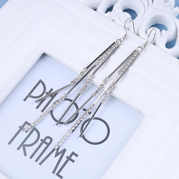 Vintage Crystal Tassel Earrings Rhinestone Bar Drop Earrings Long Rhinestone Chain Earrings Gold Cz Bar Hook Earrings Sparkle Tennis Chain Earrings Jewelry for Women-Velvo Beauty